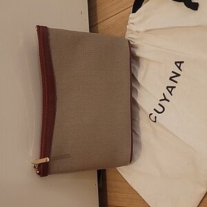 Cuyana Mini Canvas and Leather Tan and Deep Red Pouch with Gold Zipper
